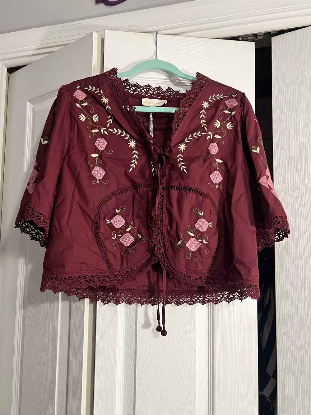 Embroidered Burgundy Women's Blouse with Lace Trim